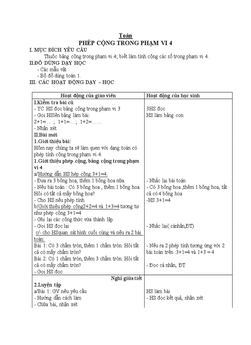 Toán PHÉP CỘNG TRONG PHẠM VI 4