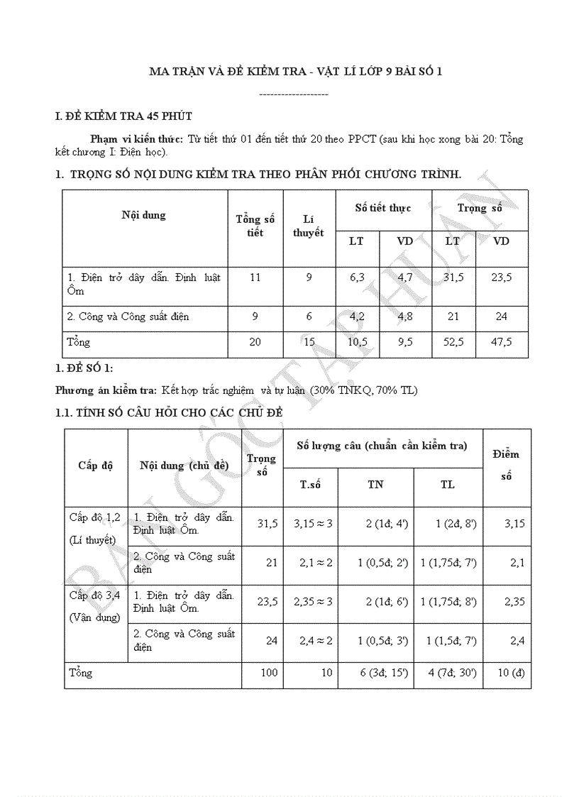 Ma trận và đề kiểm tra vật lí lớp 9 bài số 1
