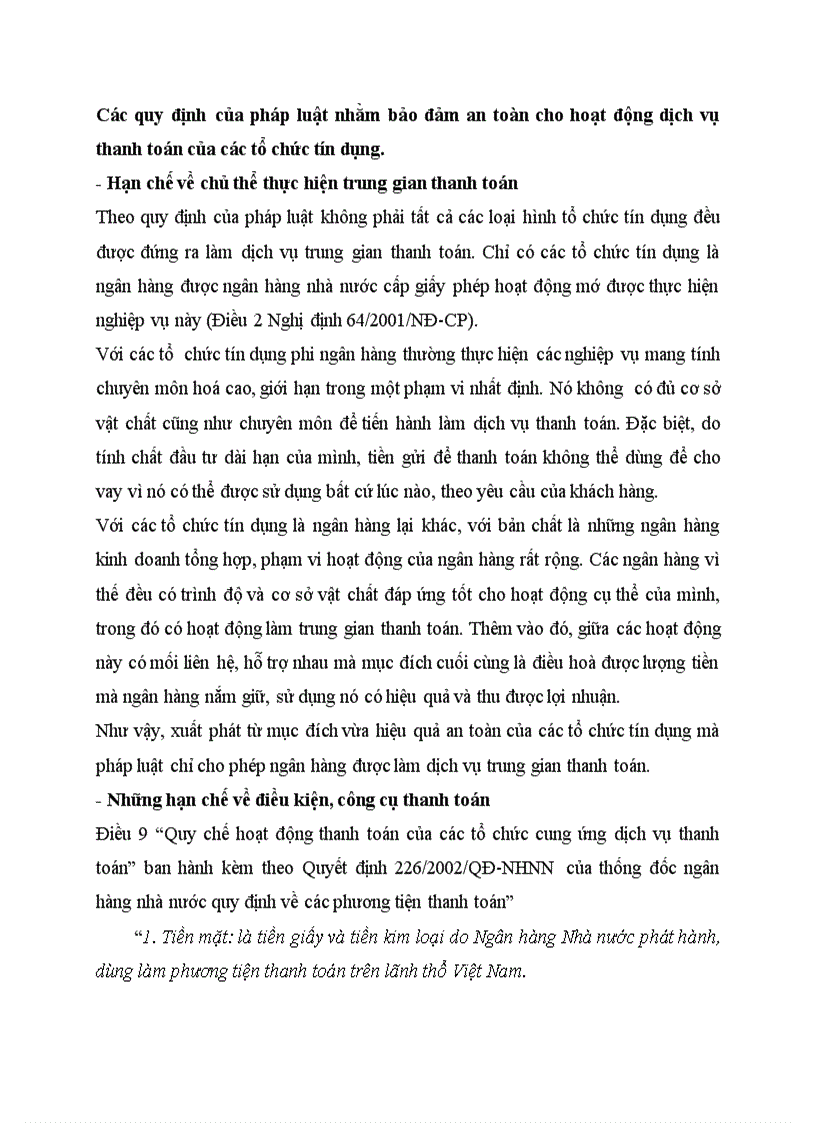 Các quy định của pháp luật nhằm bảo đảm an toàn cho hoạt động dịch vụ thanh toán của các tổ chức tín dụng