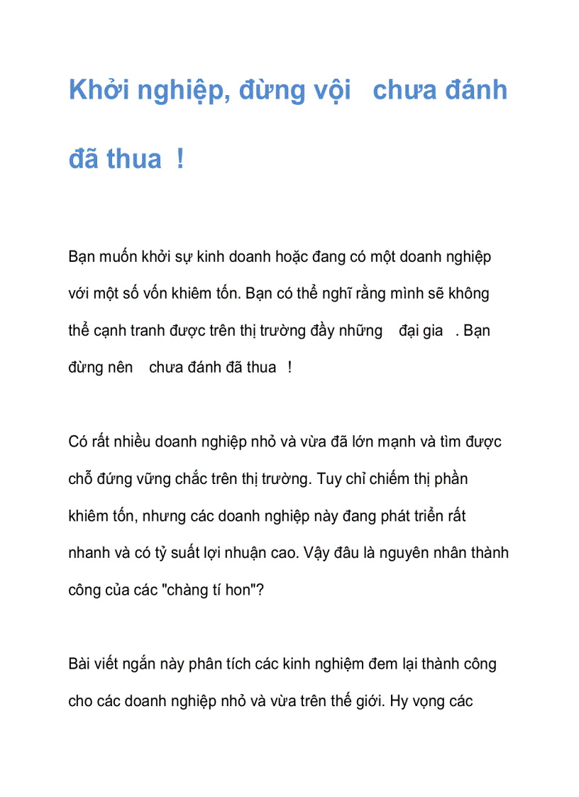 Khởi nghiệp đừng vội chưa đánh đã thua