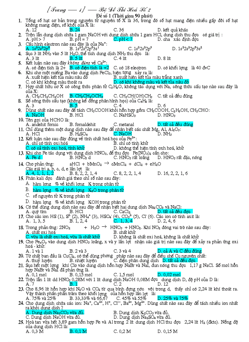 Bộ đề thi hóa ôn thi đại học