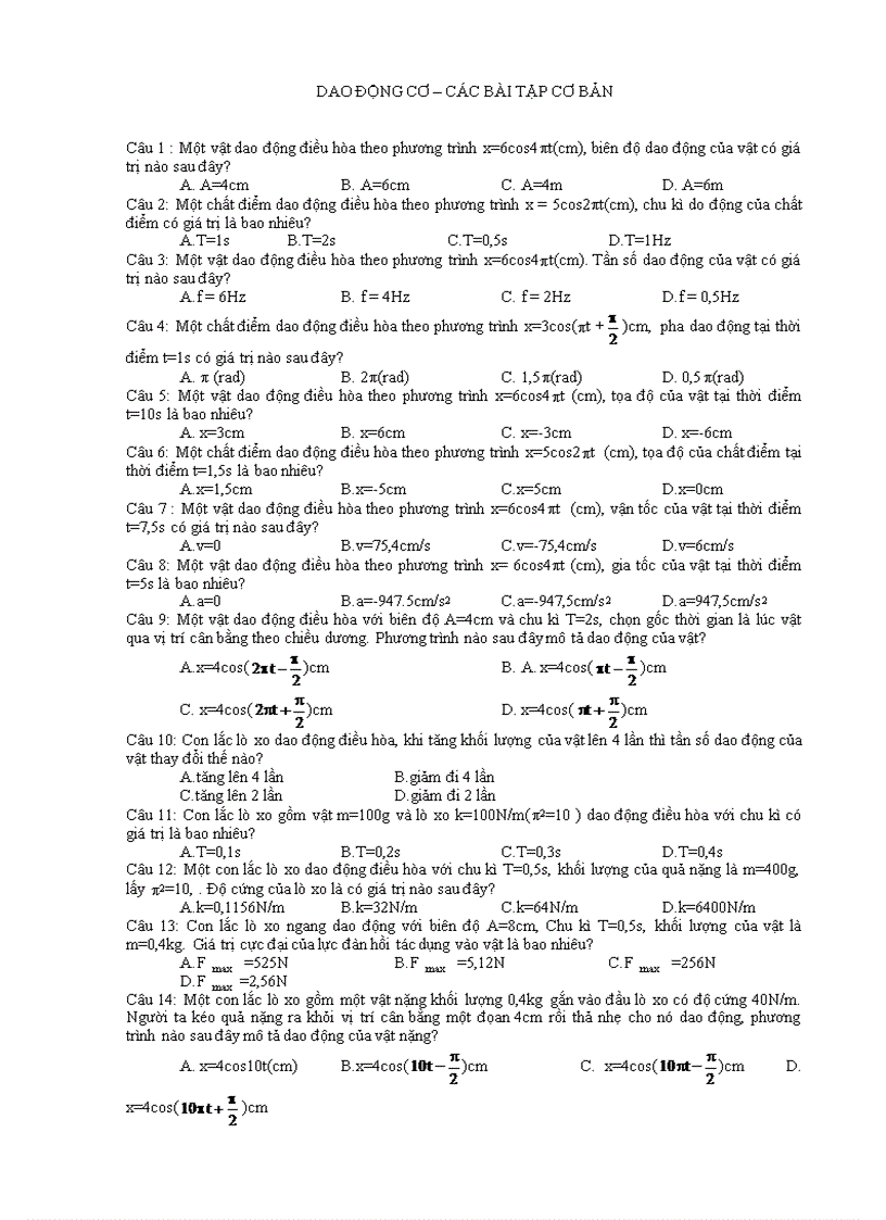 Dao động cơ các bài tập cơ bản