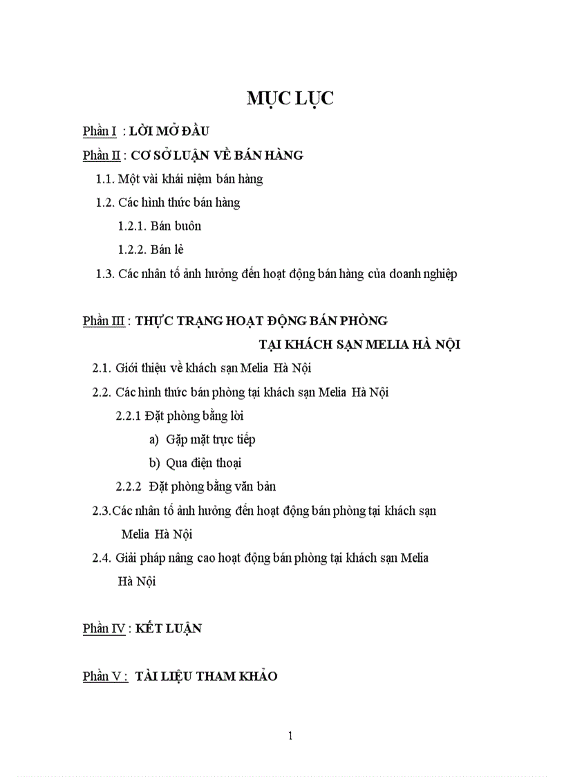 Đề tài thảo luận Thực trạng hoạt động bán hàng và các nhân tố ảnh hưởng tới hoạt động bán tại khách sạn Melia Hà Nội