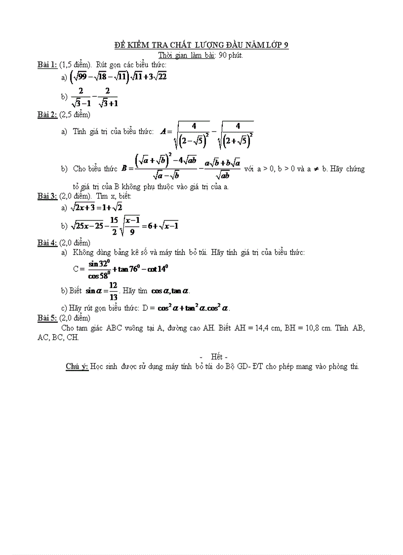 ĐỀ KIỂM TRA CHẤT LƯỢNG ĐẦU NĂM LỚP 9 Thời gian làm bài 90 phút