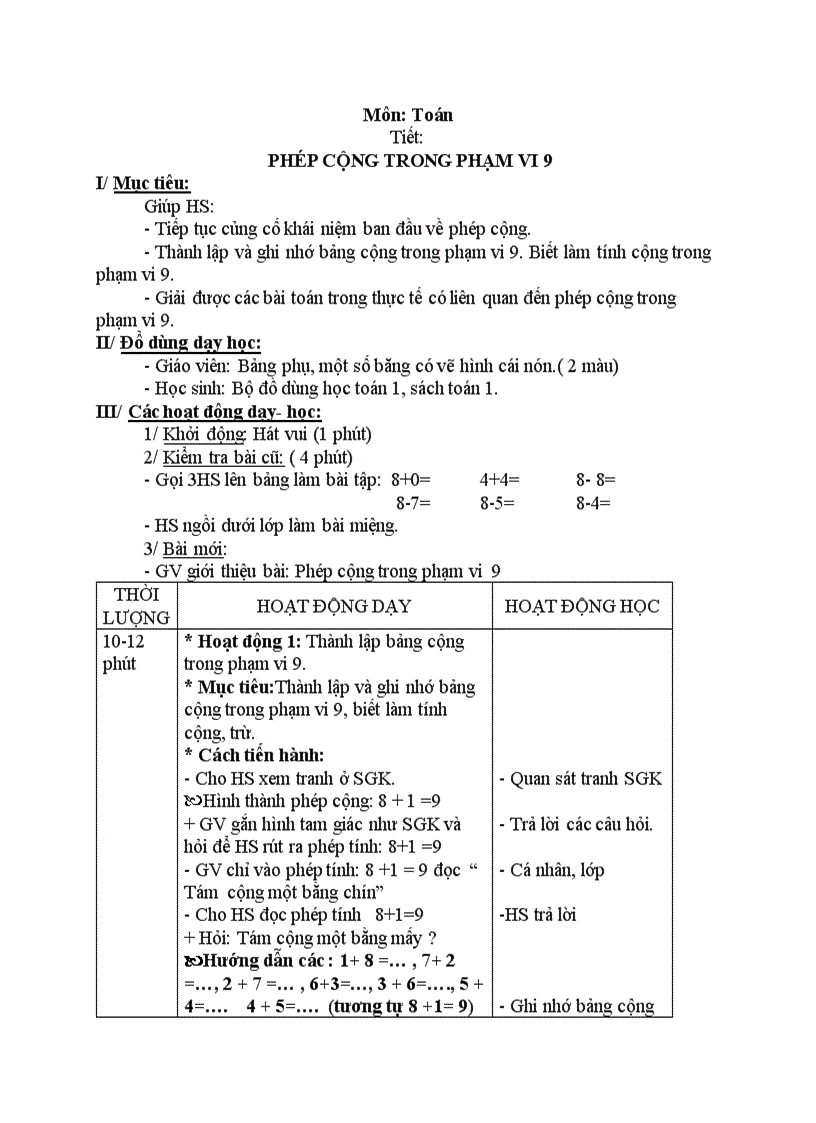 Toán PHÉP CỘNG TRONG PHẠM VI 9