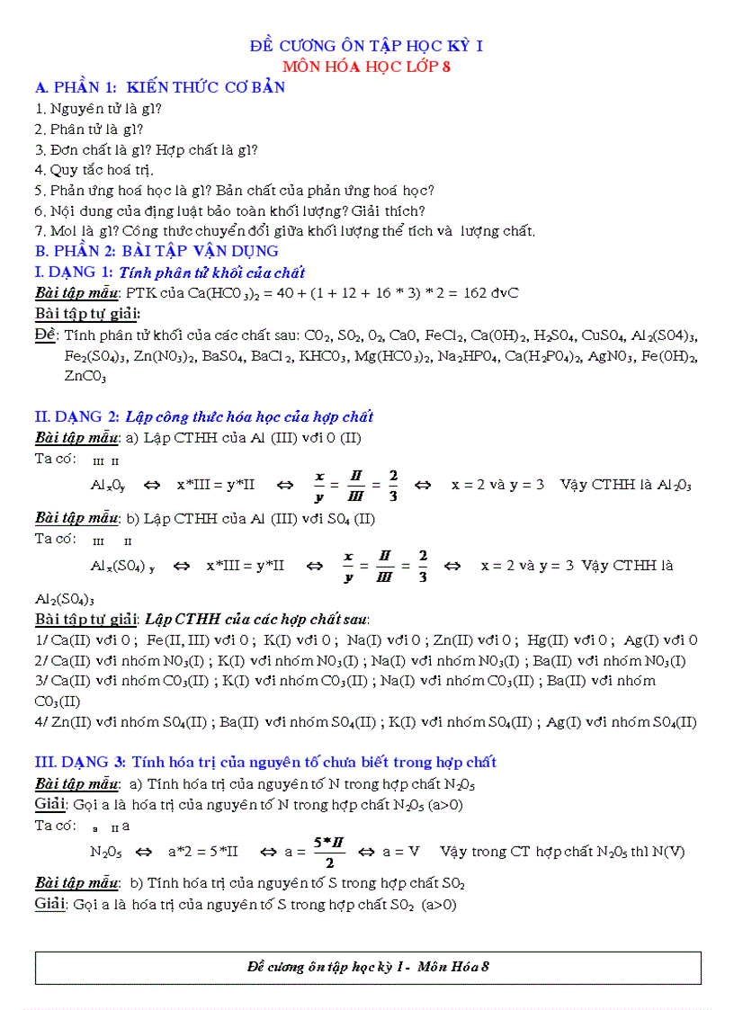 Đề cương ôn tập học kỳ i môn hóa học lớp 8
