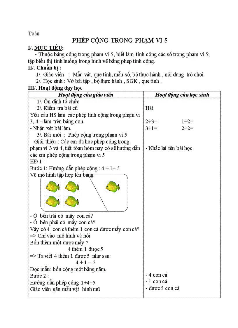 Toán PHÉP CỘNG TRONG PHẠM VI 5