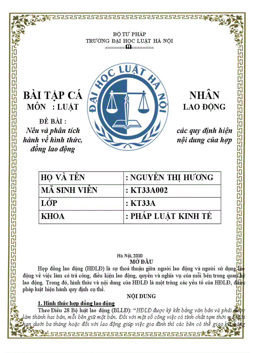 Nêu và phân tích các quy định hiện hành về hình thức nội dung của hợp đồng lao động