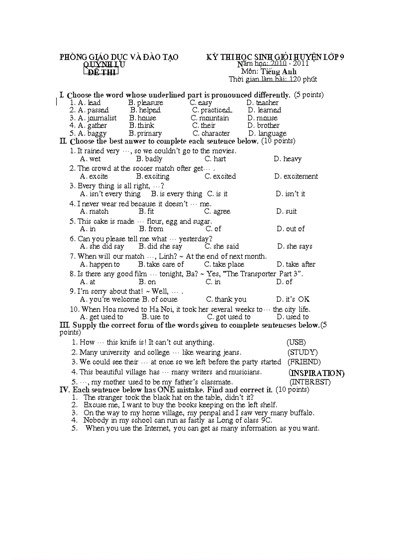 Kỳ thi học sinh giỏi huyện lớp 9 năm học 2010 2011 Môn Tiếng Anh