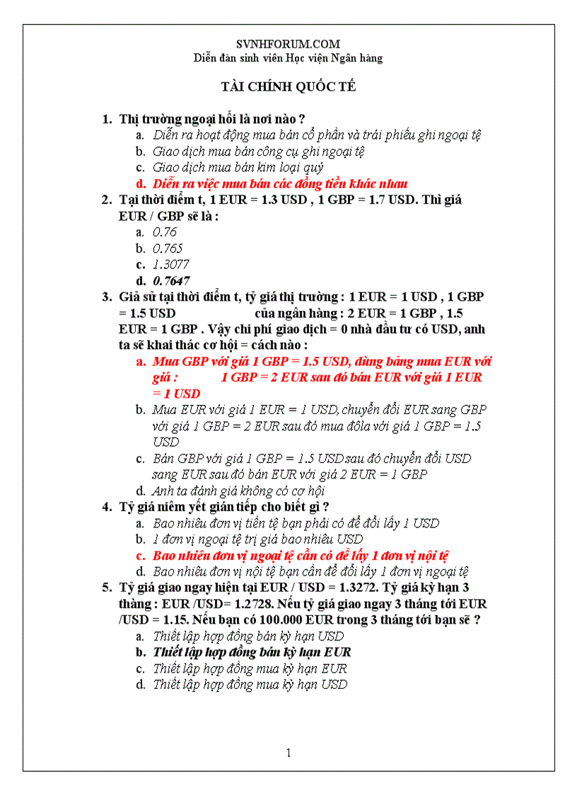 Đề thi trắc nghiệm tài chính quốc tế