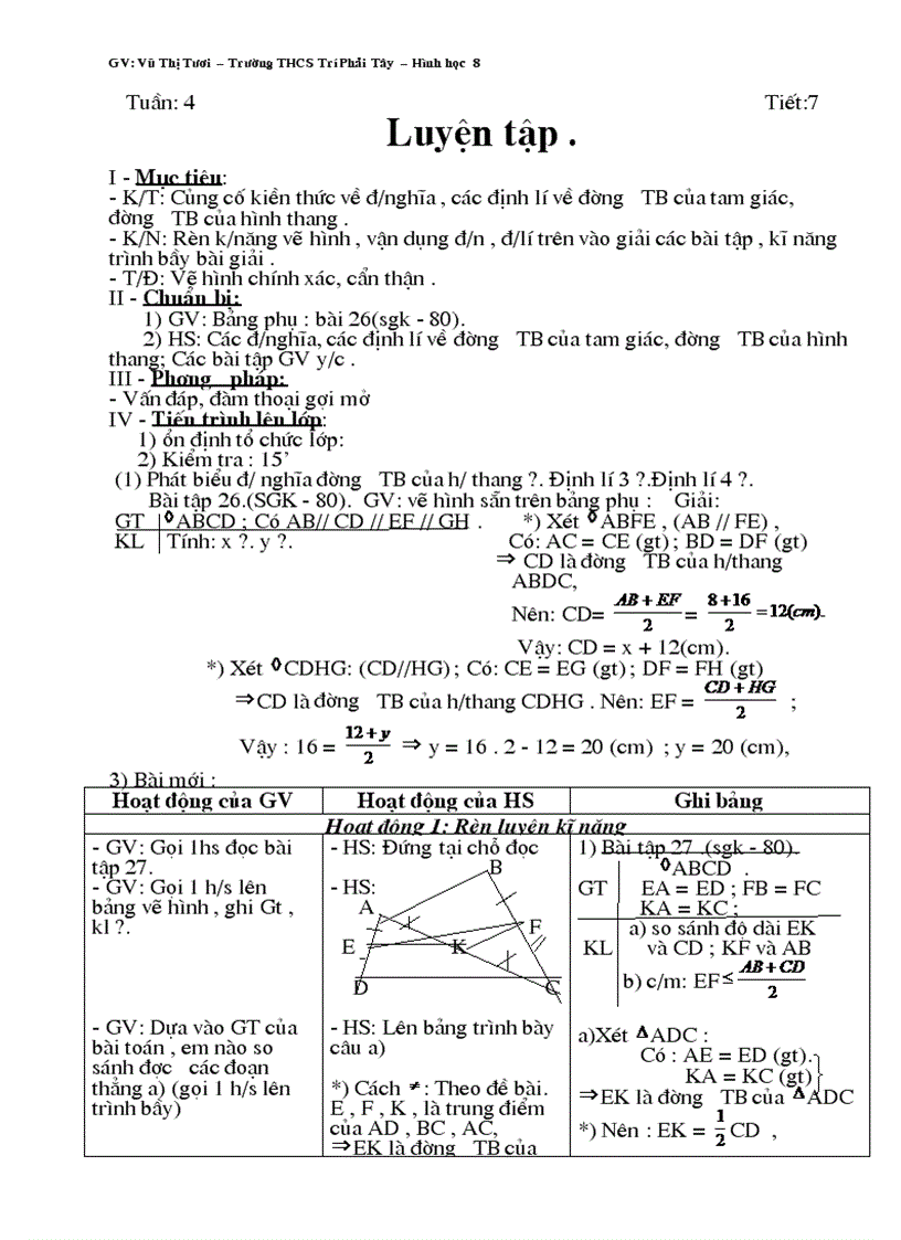 Giáo Án Toán lớp 8 Tuần 4