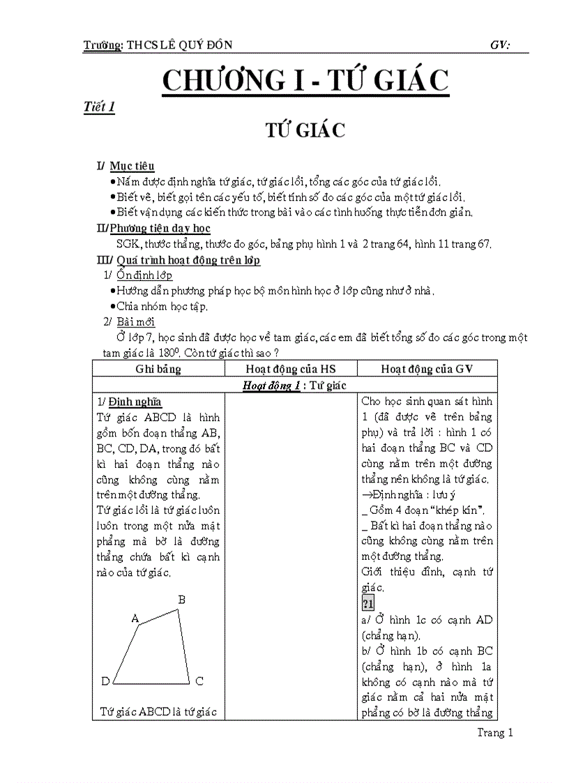 Giáo án Hình học 8 học kỳ I