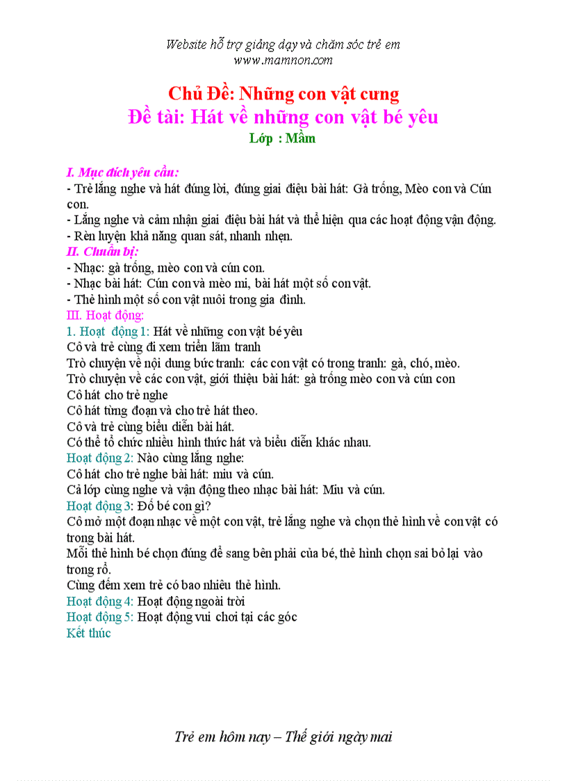 Đề tài Hát về những con vật bé yêu