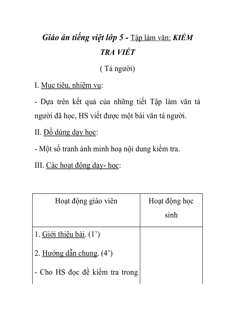 Giáo án tiếng việt lớp 5 Tập làm văn KIỂM TRA VIẾT Tả người