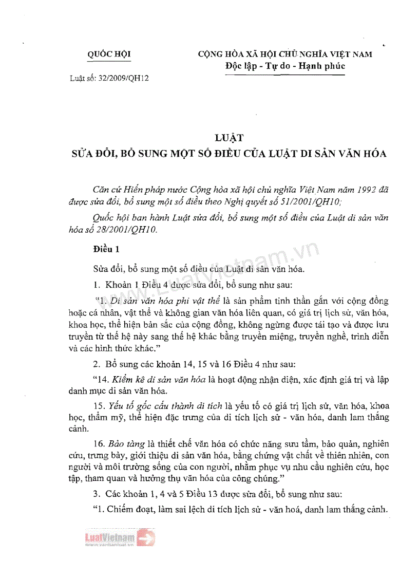Luật sửa đổi bổ sung một số điều của Luật Di sản văn hóa số 32 2009 QH12 của Quốc hội