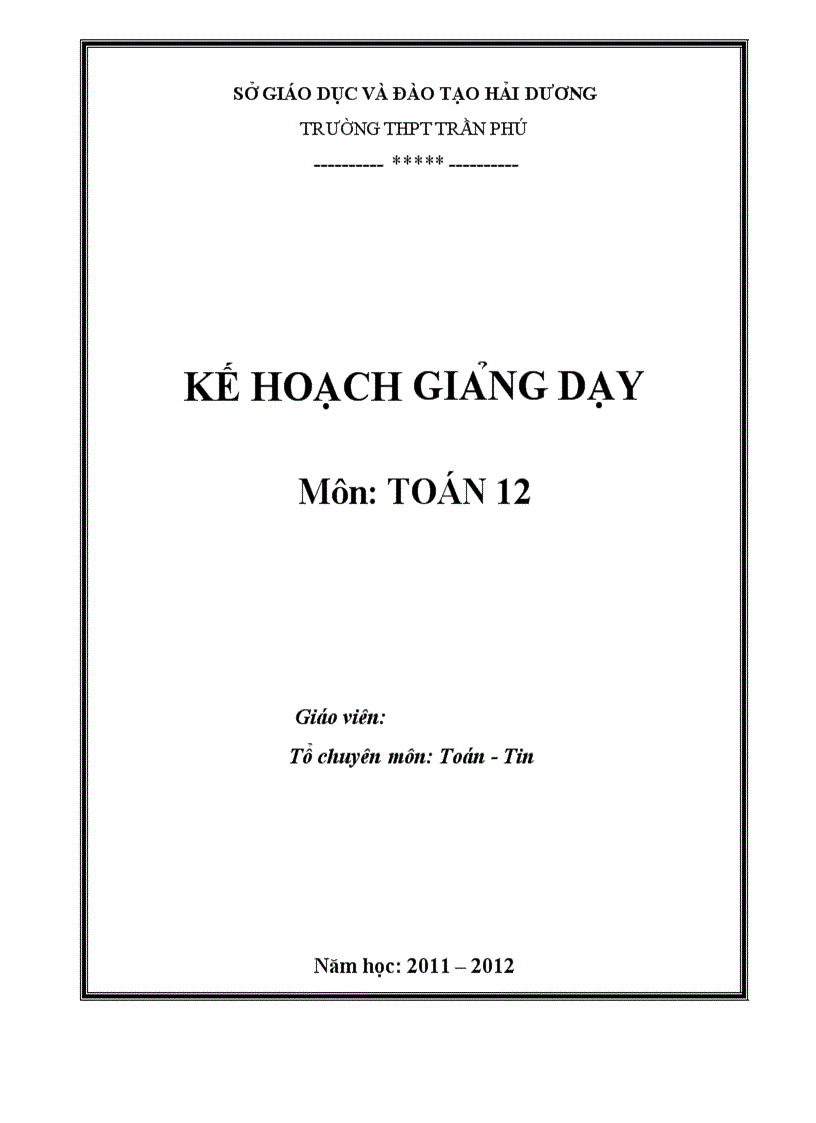 KẾ HOẠCH GIẢNG DẠY Môn TOÁN 12 năm 2008 2009