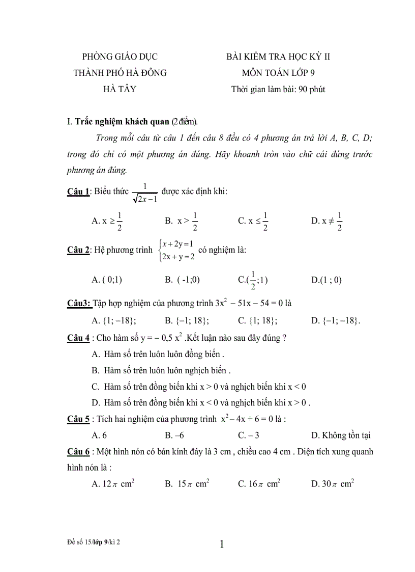 Bộ đề tham khảo kiểm tra học kỳ môn toán lớp 9 đề 3