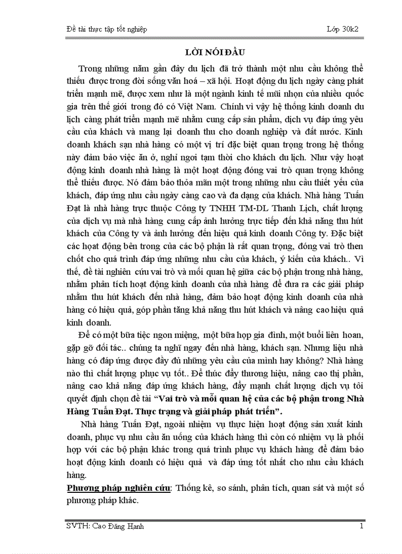 Vai trò và mỗi quan hệ của các bộ phận trong Nhà Hàng Tuấn Đạt Thực trạng và giải pháp phát triển 1