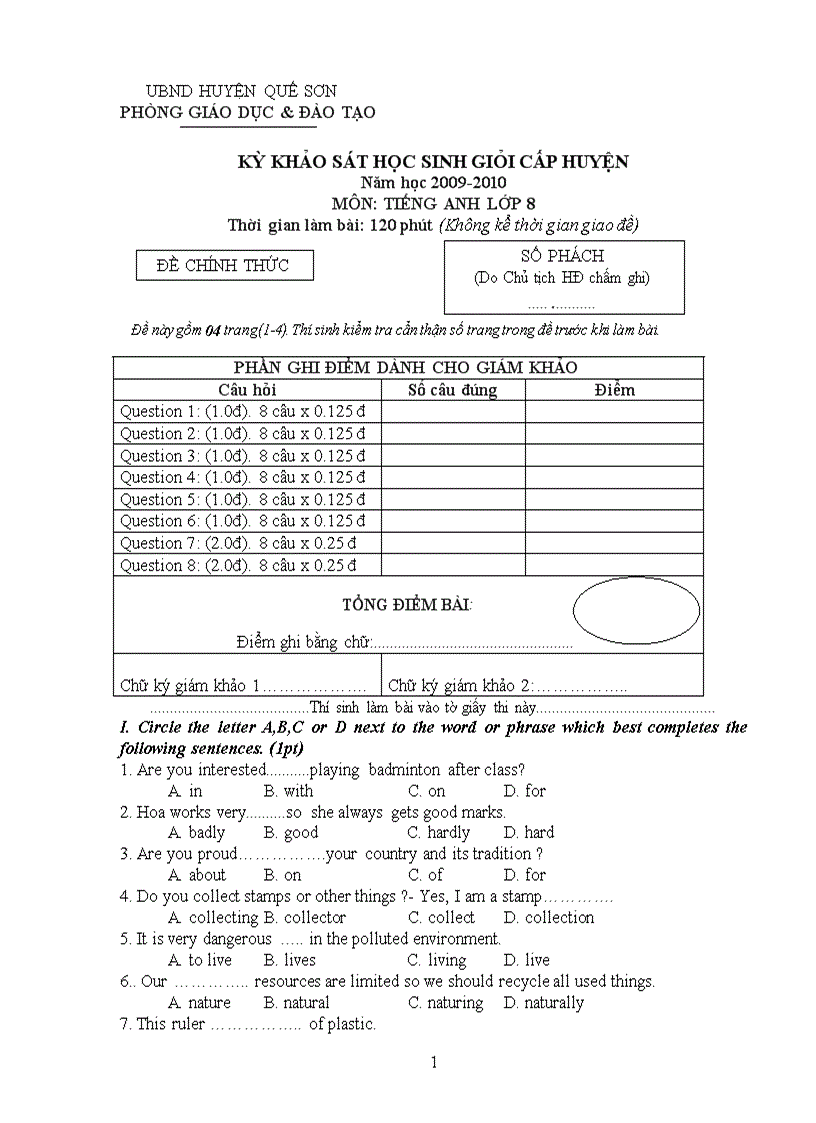 Đề thi khảo sát học sinh giỏi cấp huyện Năm học 2009 2010 môn Tiếng anh lớp 8