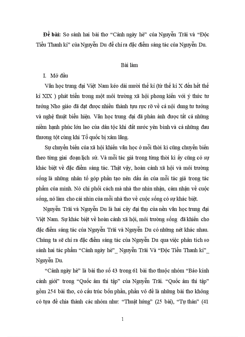 Văn học trung đại So sánh hai bài thơ Cảnh ngày hè của Nguyễn Trãi và Độc Tiểu Thanh kí của Nguyễn Du