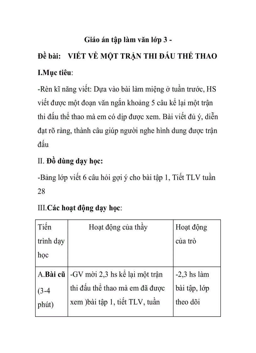 Giáo án tập làm văn lớp 3 Đề bài VIẾT VỀ MỘT TRẬN THI ĐẤU THỂ THAO