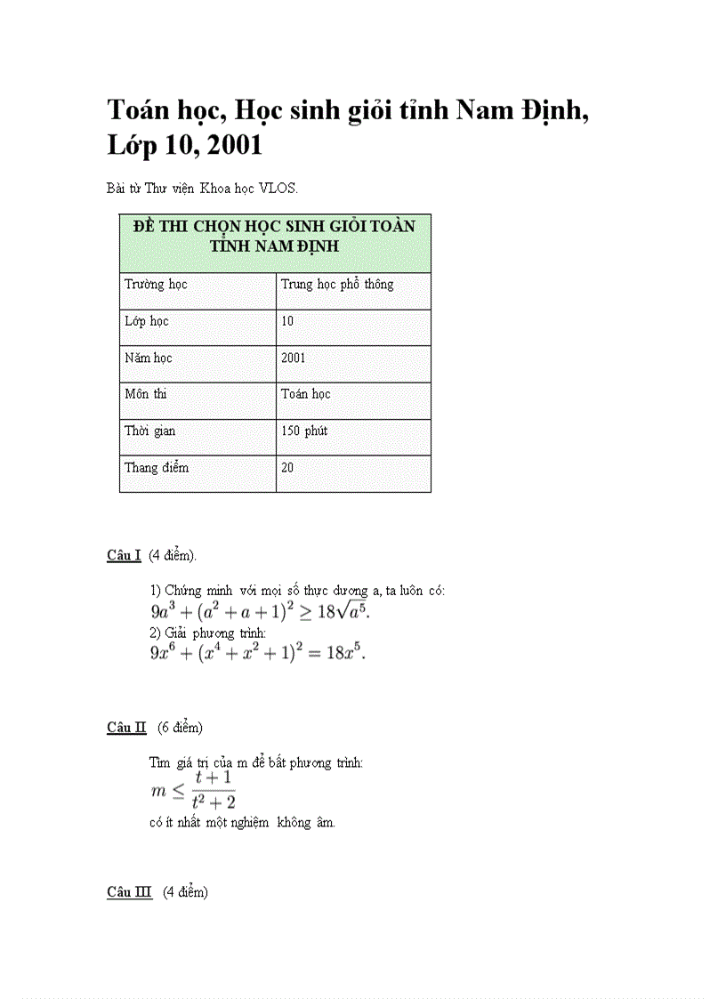 Đề thi học sinh giỏi toán THPT lớp 12 Năm 2001