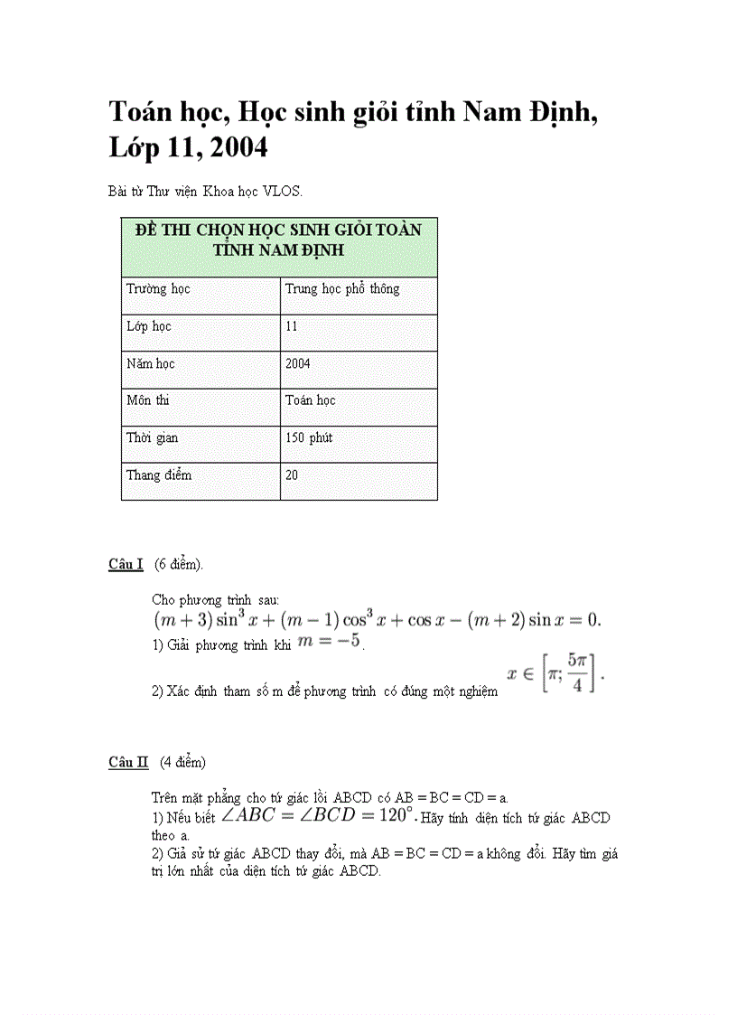 Đề thi học sinh giỏi toán THPT lớp 11 Năm 2004