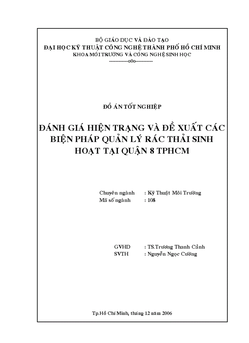 Đánh giá hiện trạng và đề xuất các biện pháp quản lý rác thải sinh hoạt tại quận 8 tphcm 2