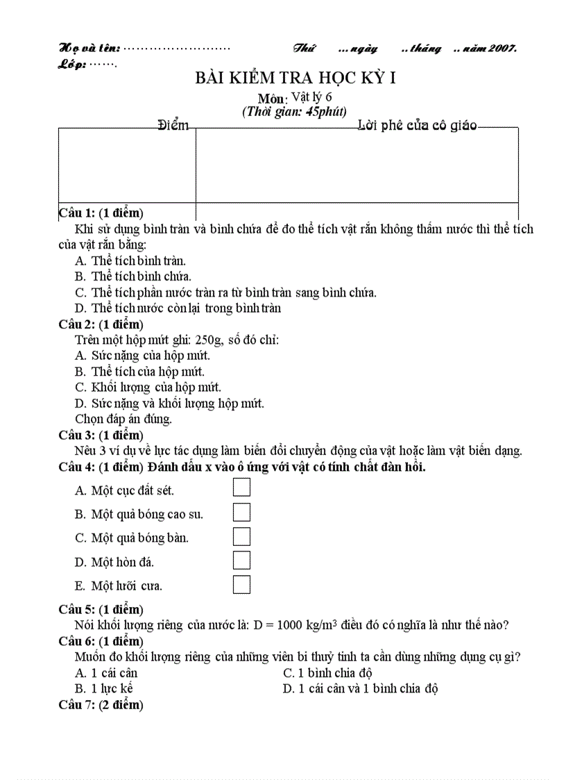 Đề Kế toán học kì I Vật lý 6