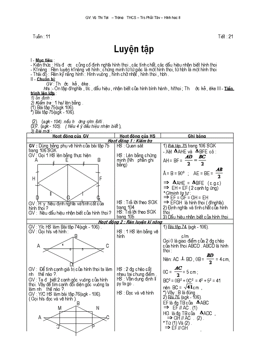 Giáo án toán lớp 8 tuần 11