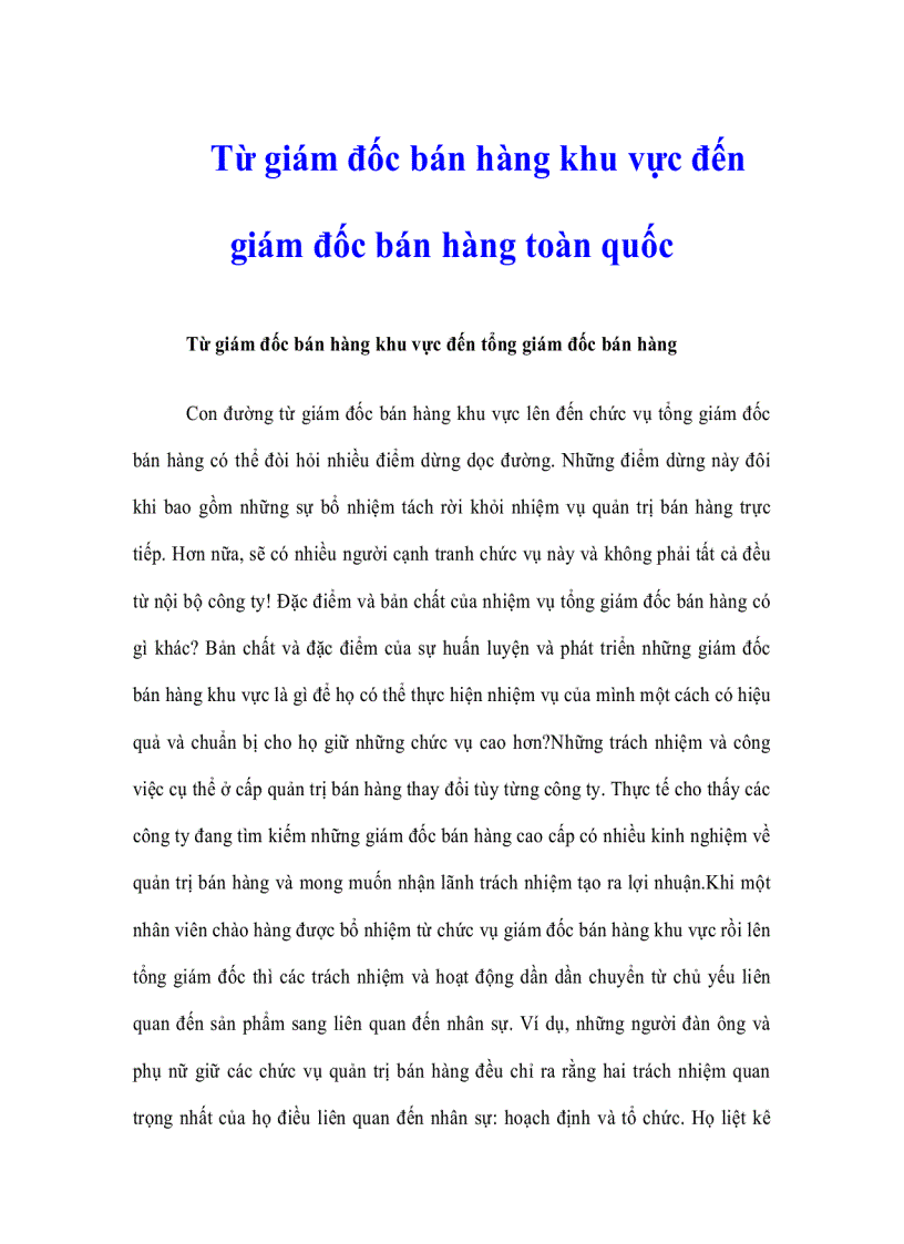 Từ giám đốc bán hàng khu vực đến giám đốc bán hàng toàn quốc