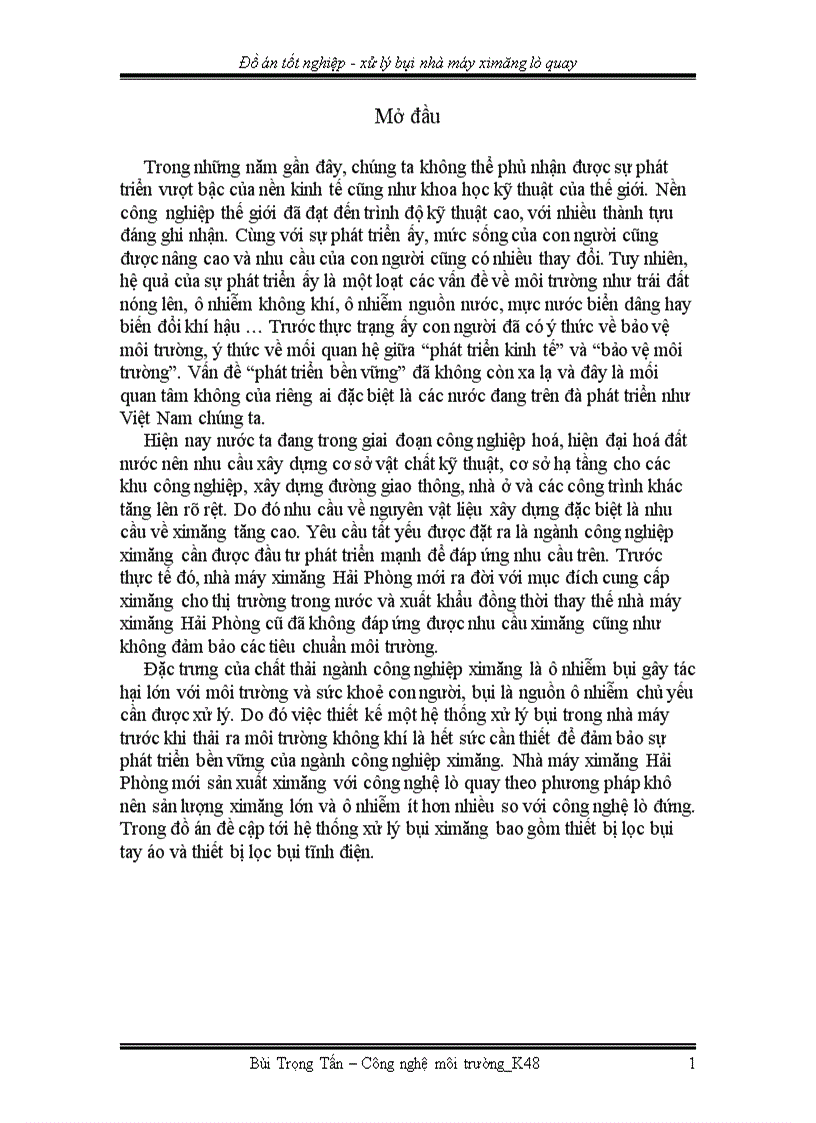 Đồ án tốt nghiệp xử lý bụi nhà máy ximăng lò quay