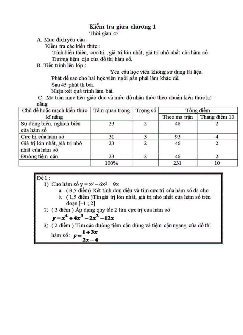 Cách ra đề kiểm tra toán 1 tiết chương 1