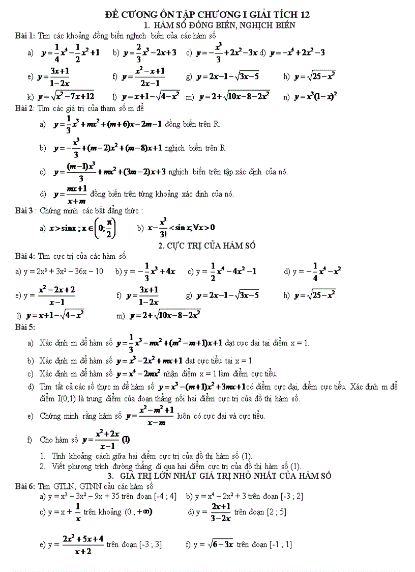 Đề cương ôn tập chương i giải tích 12 1 Hàm số đồng biến nghịch biến