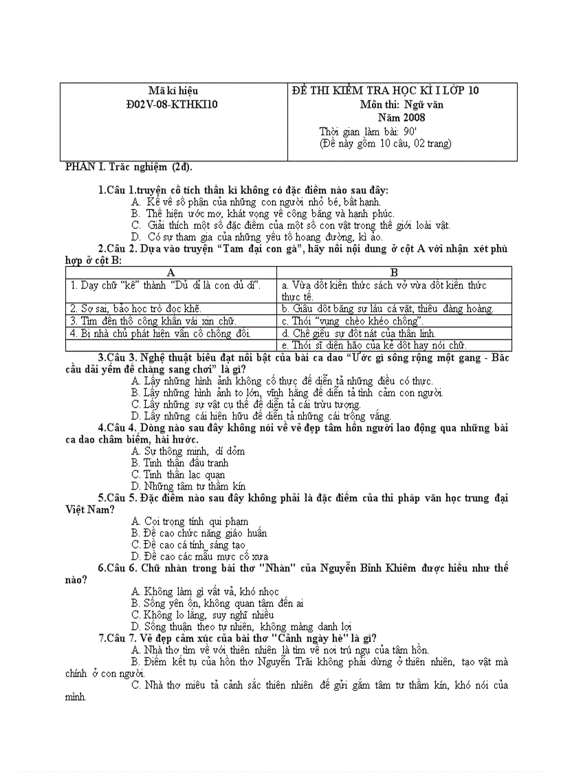 Đề kiểm tra học kì I Ngữ văn 10