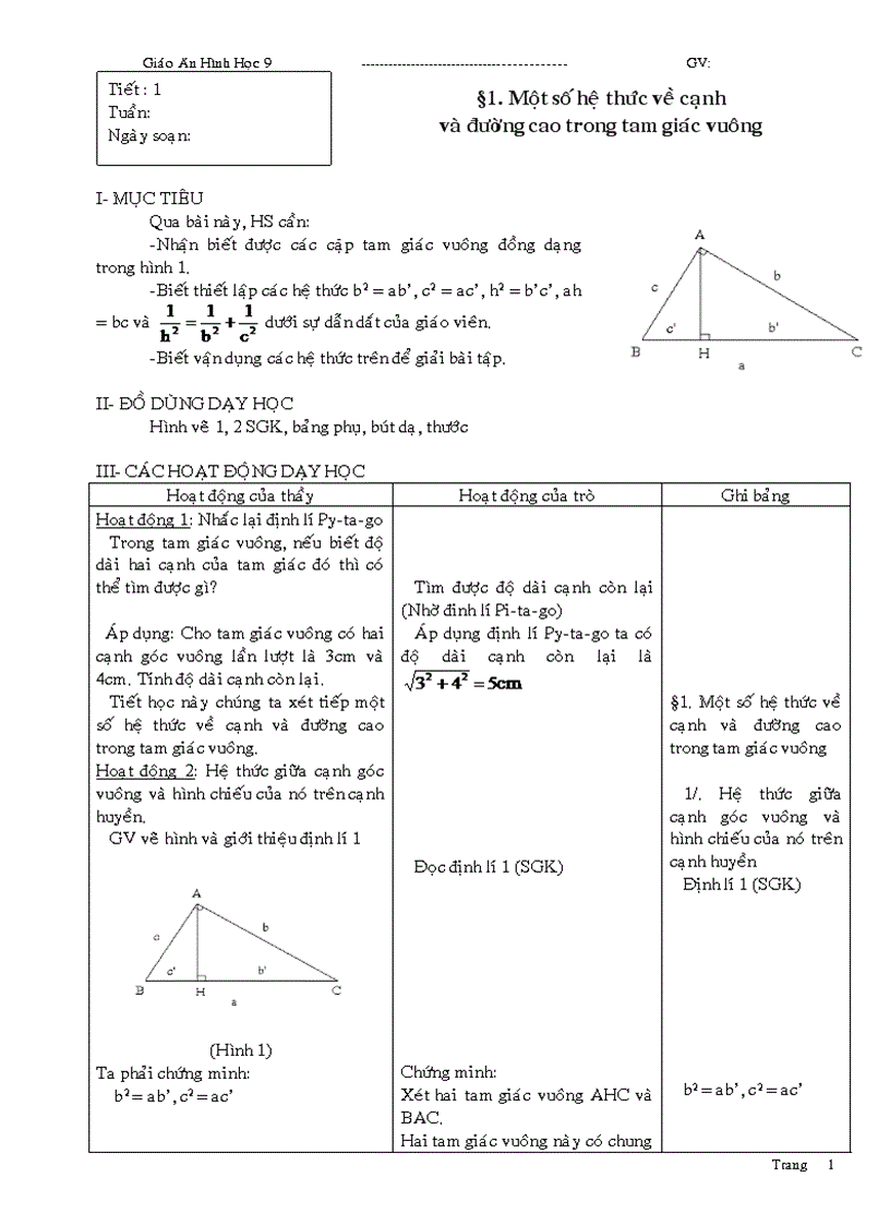 Giáo án Hình học 9 học kỳ I