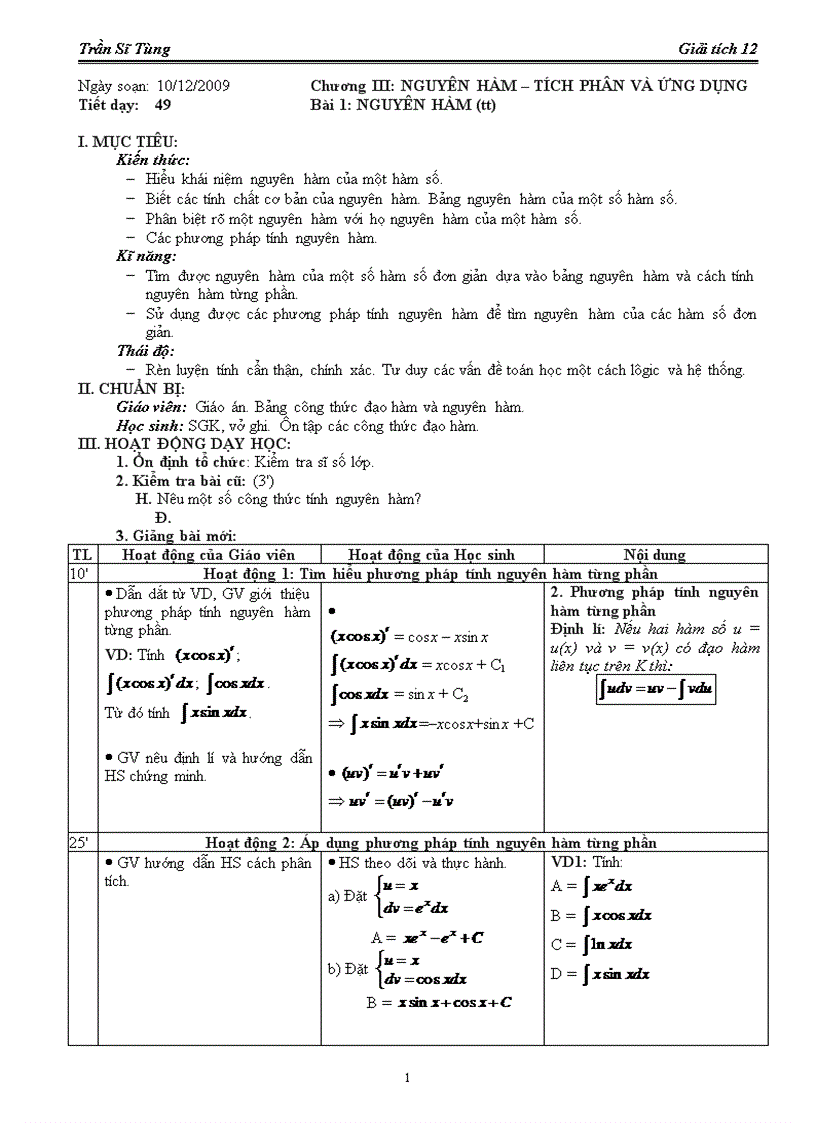 Giáo án giải tích 12 chuẩn học kì 2