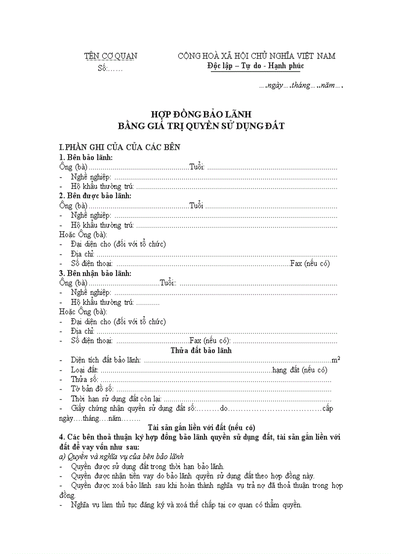 Mẫu Hợp đồng bảo lãnh bằng giá trị quyền sử dụng đất Ban hành kèm theo Thông tư số 1883 2001 TT TĐC ngày 12 11 2001