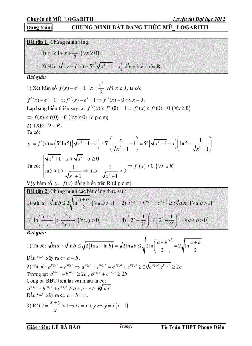 Chuyên đề MŨ LOGARITH Luyện thi Đại học 2012 Dạng toán CHỨNG MINH BẤT ĐẲNG THỨC MŨ LOGARITH