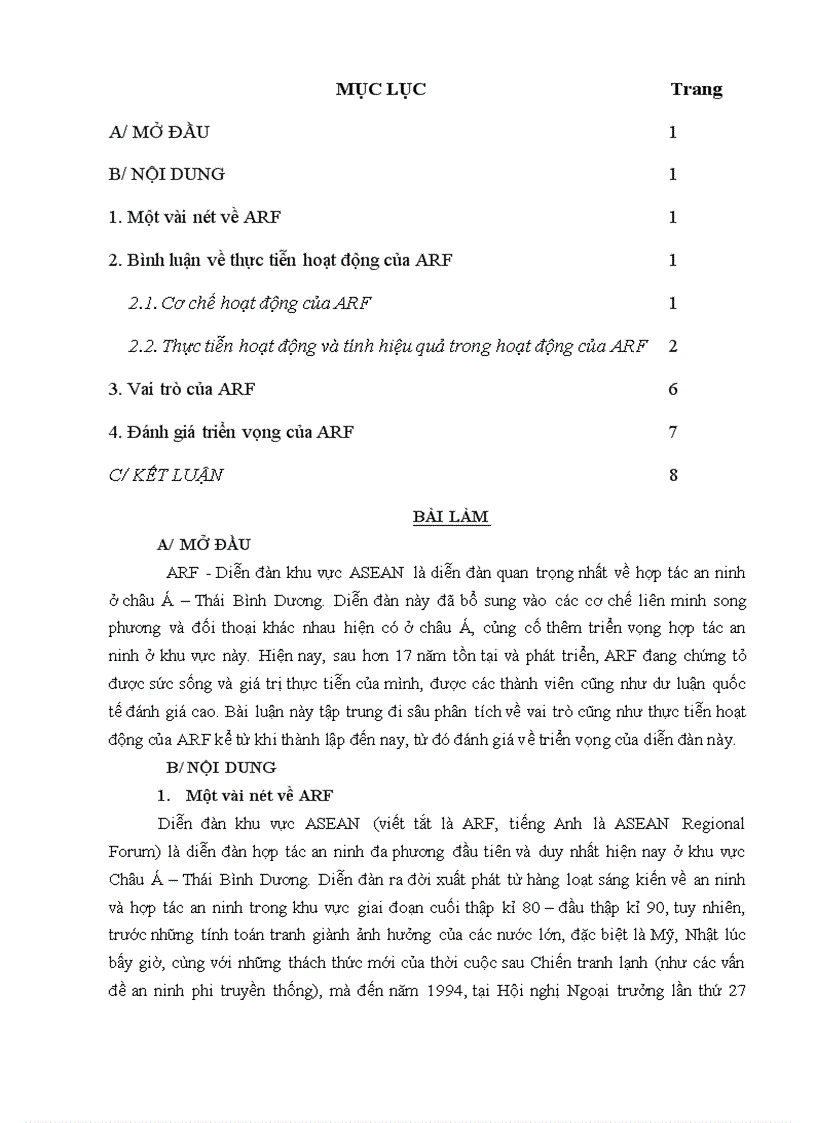 Bình luận về thực tiễn hoạt động vai trò và triển vọng của ARF