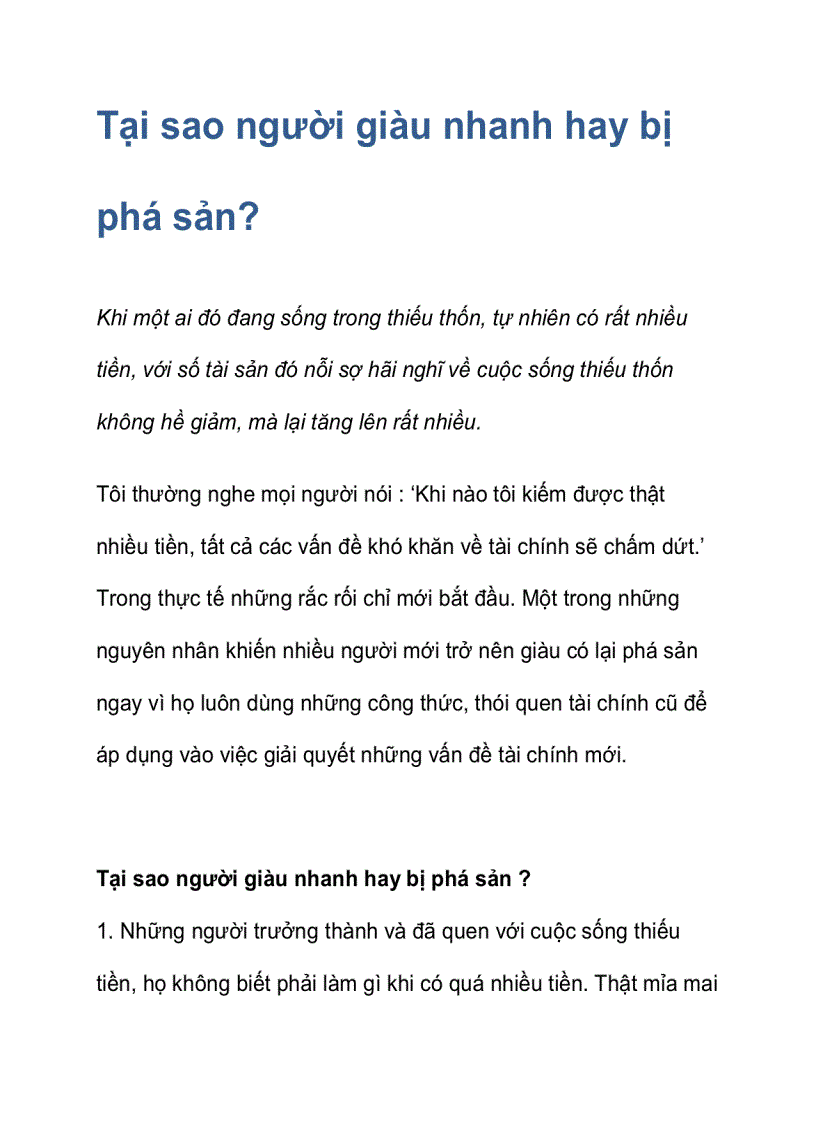 Tại sao người giàu nhanh hay bị phá sản