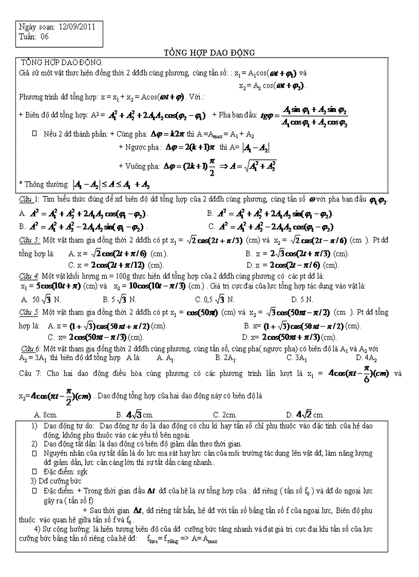 Giáo án phụ đạo vật lý 12 tuần 6