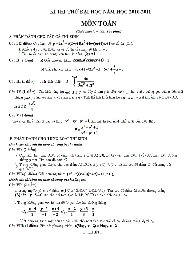 Kì thi thử đại học năm học 2010 2011 môn toán