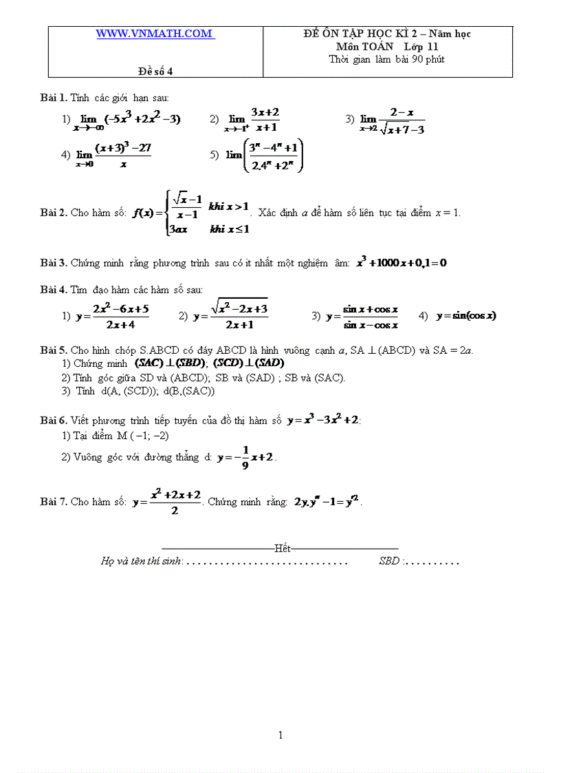 Đề ôn thi học kỳ 2 môn toán lớp 11 Đề số 4