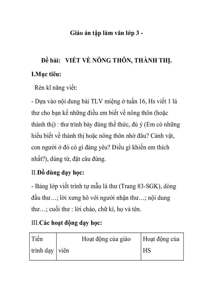 Giáo án tập làm văn lớp 3 Đề bài VIẾT VỀ NÔNG THÔN THÀNH THỊ