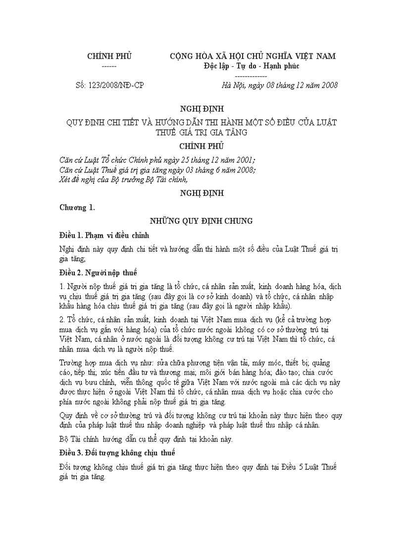 Nghị định số 123 2008 nđ cp ngày 08 12 2008 quy định chi tiết và hướng dẫn thi hành một số điều của luật thuế giá trị gia tăng
