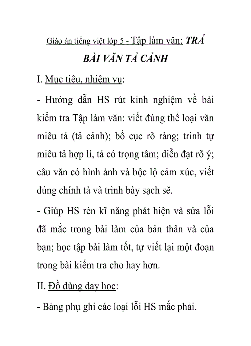 Giáo án tiếng việt lớp 5 Tập làm văn TRẢ BÀI VĂN TẢ CẢNH