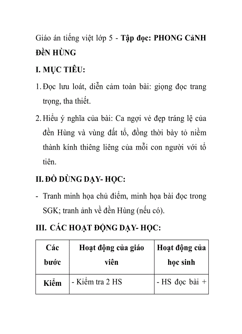 Giáo án tiếng việt lớp 5 Tập đọc PHONG CảNH ĐềN HÙNG I MỤC TIÊU 1 Đọc