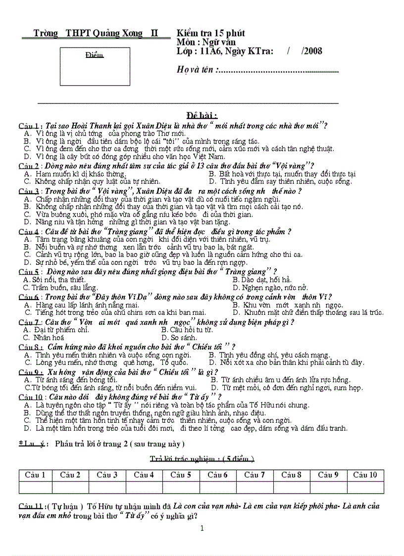 Đề kiểm tra Ngữ văn 11 15
