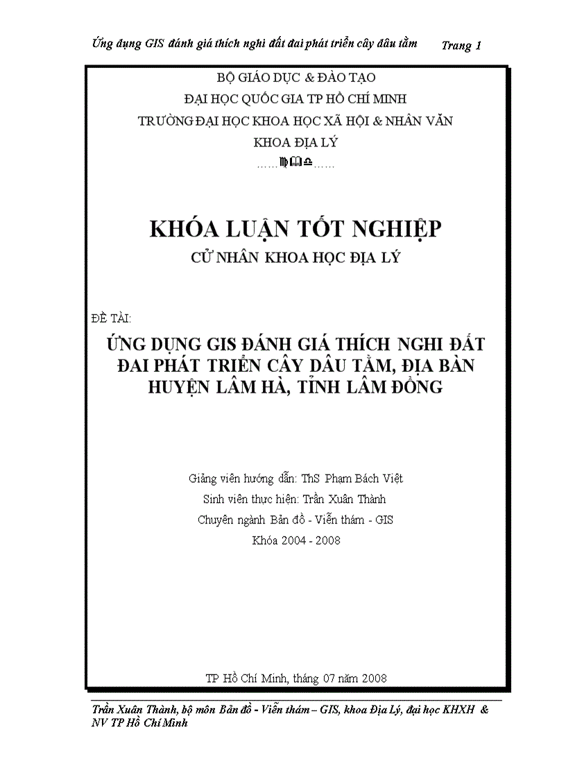 Ứng dụng GIS đánh giá thích nghi đất đai phát triển cây dâu tằm Trần Xuân Thành ĐHKHXH NV Khoa Địa Lý